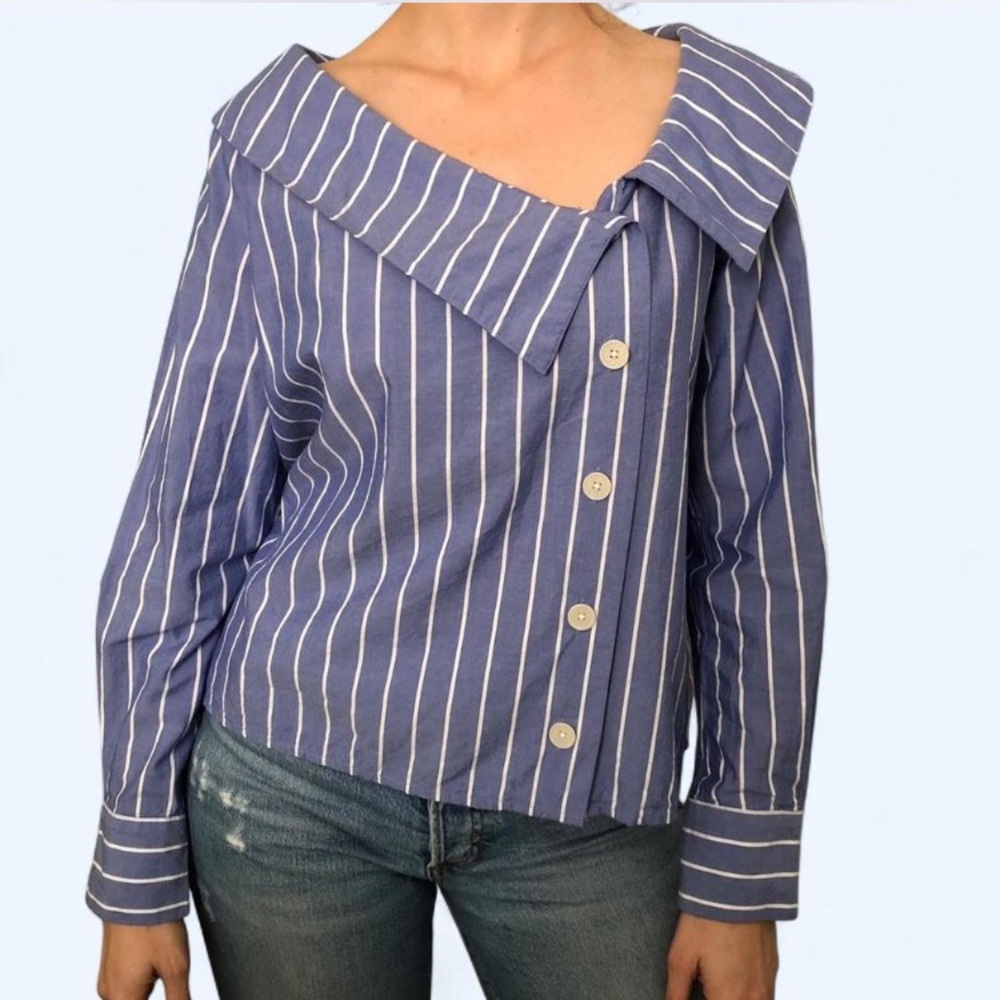 LOFT Blue and White Striped Button Down Shirt with Asymmetrical Collar